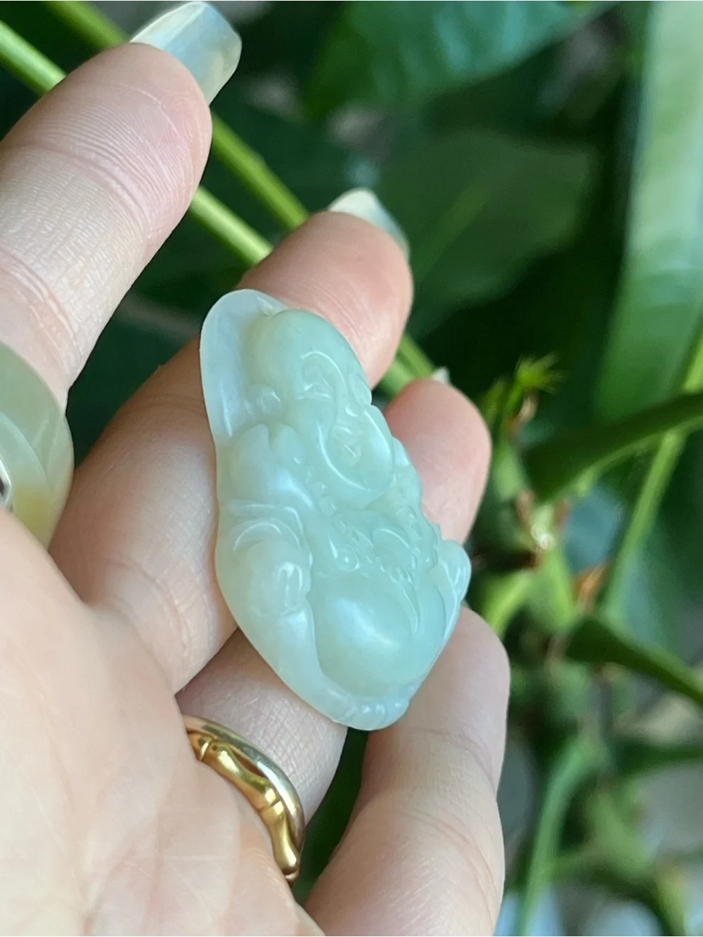 Natural Light Green Nephrite Jade Carved Laughing Buddha Pendant - NWOT